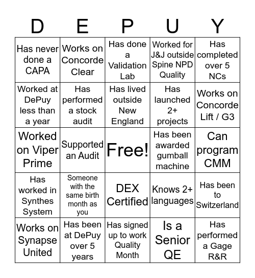 DePuy Synthes Spine NPD Quality BINGO Card