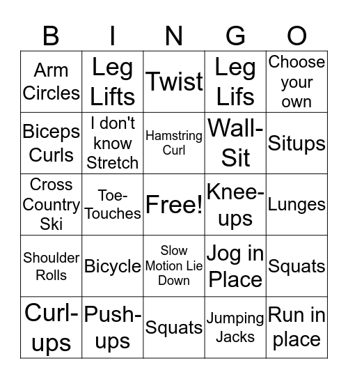 Fitness Bingo Card