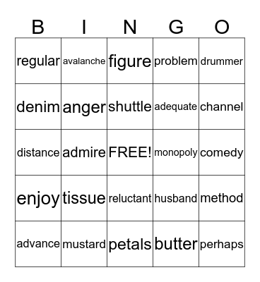 Fifth Vocabulary Bingo Card