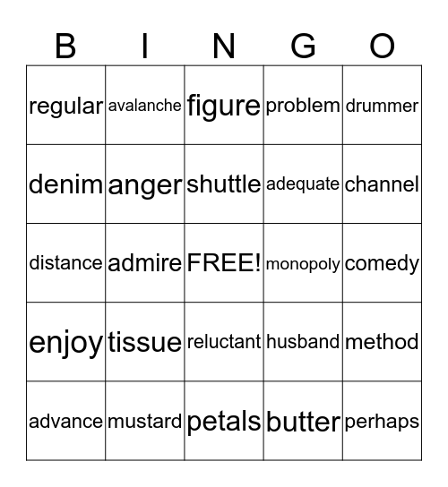 Fifth Vocabulary Bingo Card