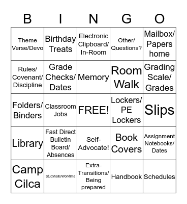 First Days of School Bingo Card