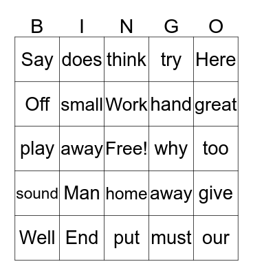 Word List Bingo Card