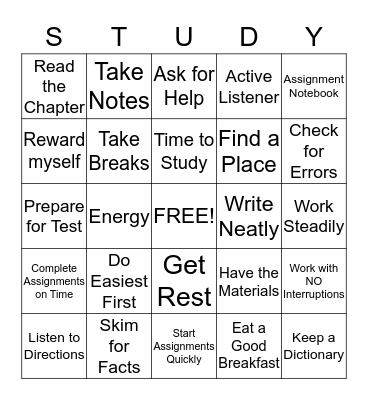 Study Skills Bingo Card