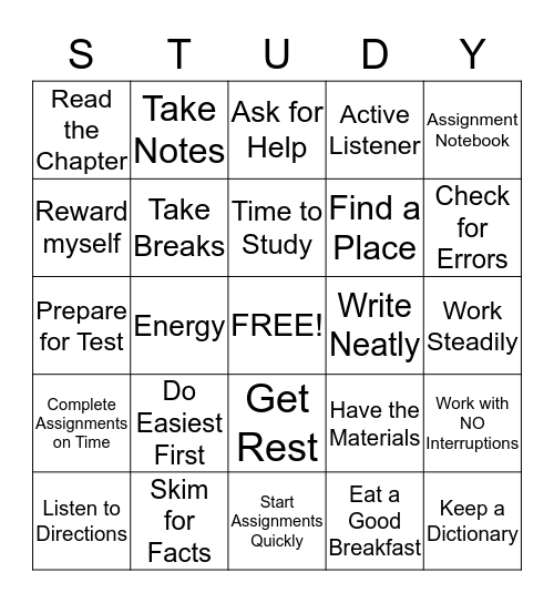 Study Skills Bingo Card