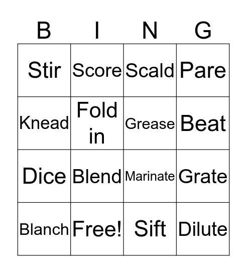 Cooking Terms Bingo Card