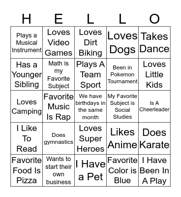 "Getting to Know You" Game Bingo Card