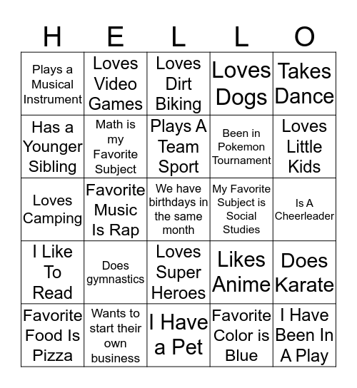 "Getting to Know You" Game Bingo Card