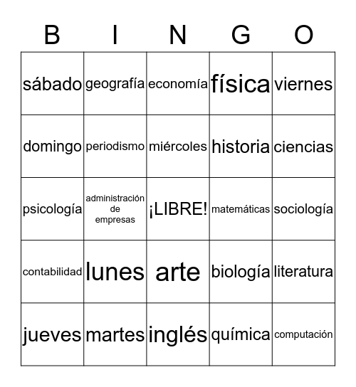 Los días de la semana y las materias Bingo Card