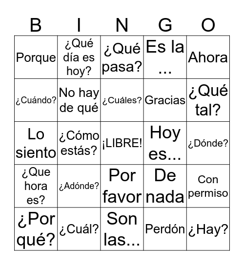 Preguntas y expresiones Bingo Card