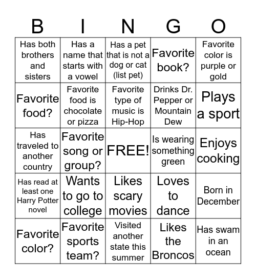 Getting to Know You Bingo Card