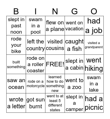 Summer's End Bingo Card