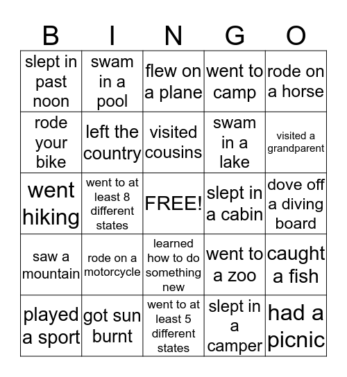 Summer's End Bingo Card