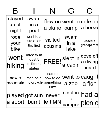 Summer's End Bingo Card
