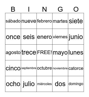 Spanish  Bingo Card