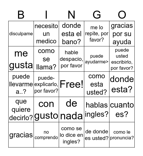 spanish 2 bingo game Bingo Card