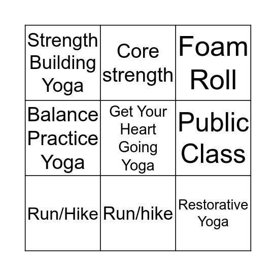 Weekly Exercise Bingo Card