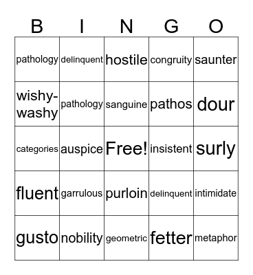 Vocabulary  Bingo Card