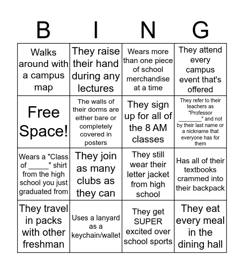 Spot The College Freshman Bingo Card