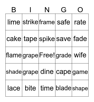 Long A a_e Bingo Card