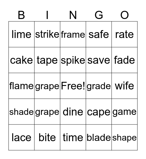 Long A a_e Bingo Card
