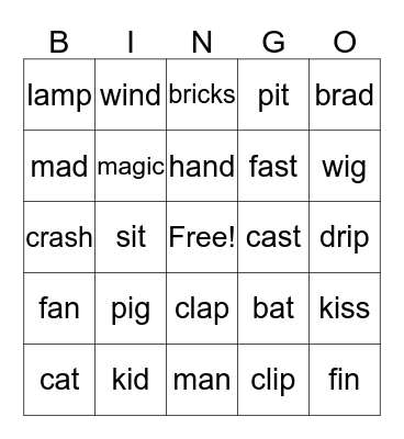 Short A/Short I Words Bingo Card