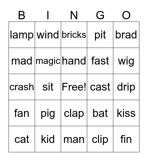 Short A/Short I Words Bingo Card