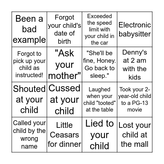 Bad Father Bingo Card
