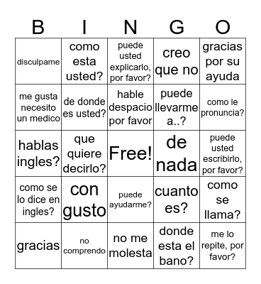Spanish bingo game  Bingo Card