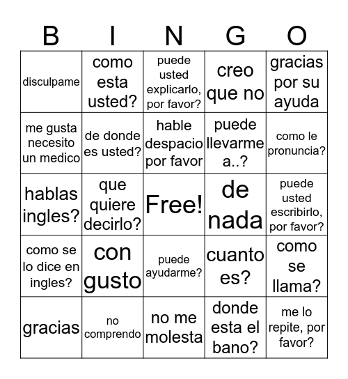 Spanish bingo game  Bingo Card