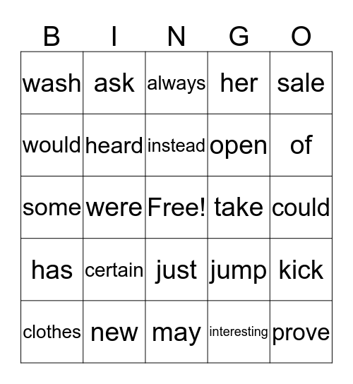 Spelling BINGO Card
