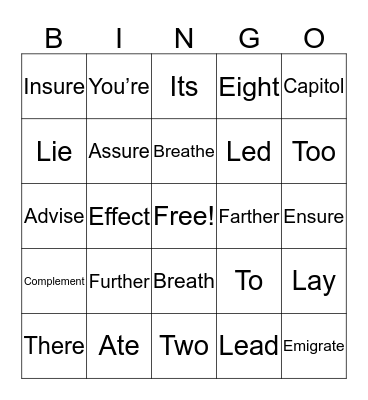 Commonly Confused Words Bingo Card