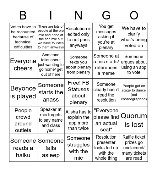 Plenary Bingo!  Bingo Card