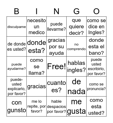 Spanish Bingo Card