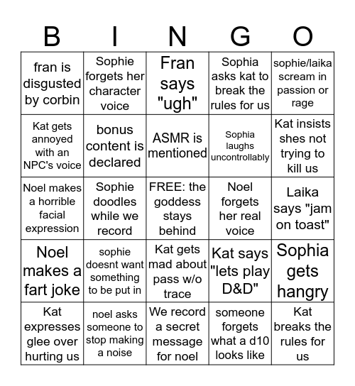 DAMES & DRAGONS Bingo Card