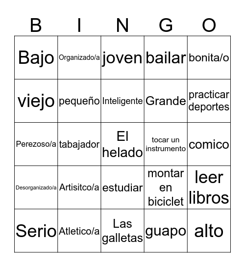 Spanish Vocabulary Bingo Card