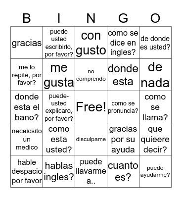 Spanish Bingo Card