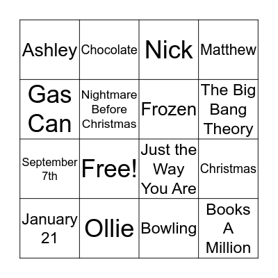 Nick and Ashley Bingo Card