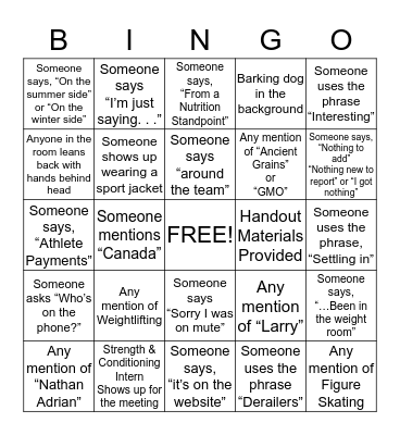 Team Skinner Meeting Bingo Card