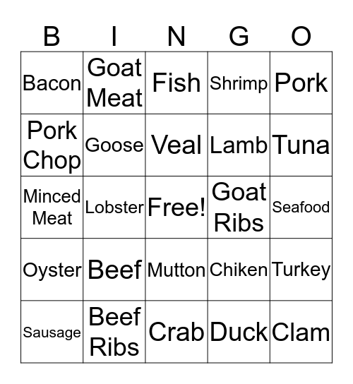 Carnes , Aves y Peces Bingo Card