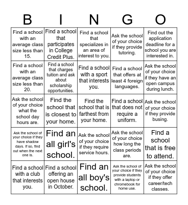 High School Transition Night Bingo Card