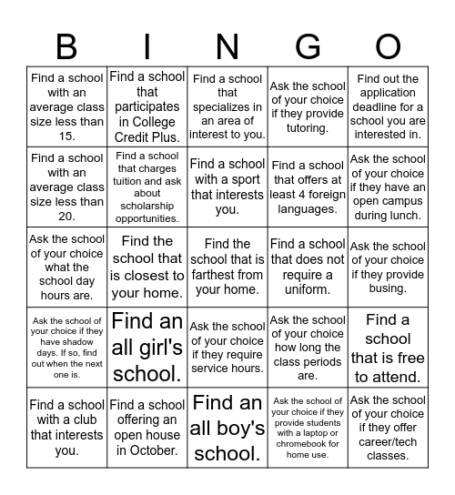 High School Transition Night Bingo Card