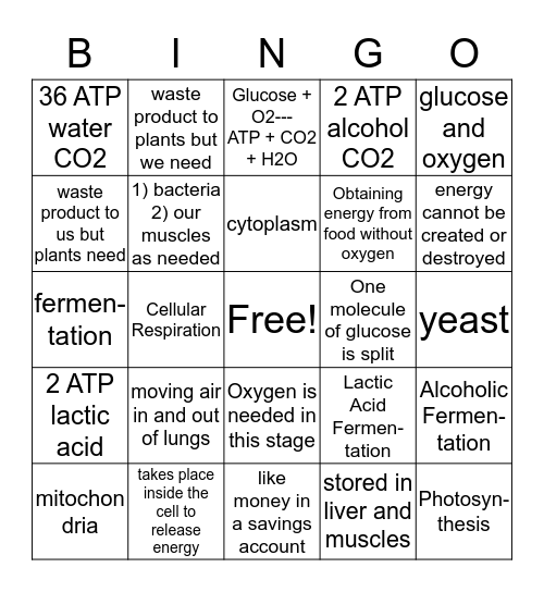 LIFE SCIENCE 3-4 CELLULAR RESPIRATION Bingo Card