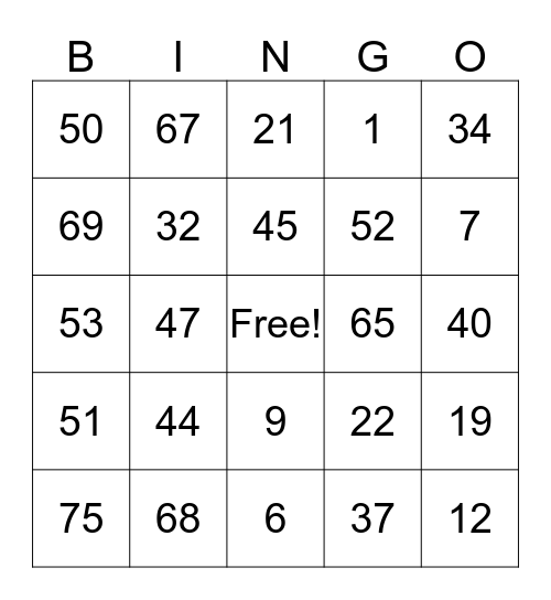Two Digit Subtraction Bingo Card