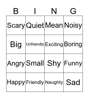 Adjectives Bingo Card
