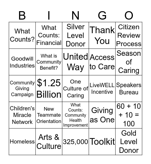 Community Benefit Bingo Card