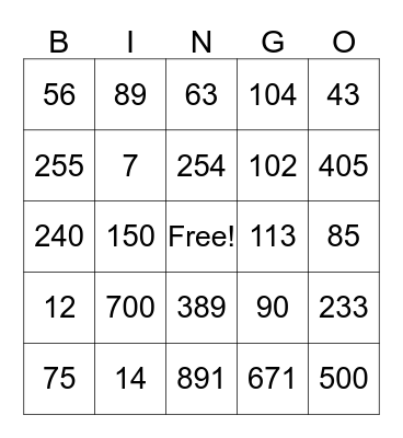 Number Bingo Card