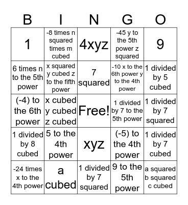 Laws of exponents  Bingo Card