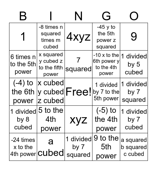 Laws of exponents  Bingo Card