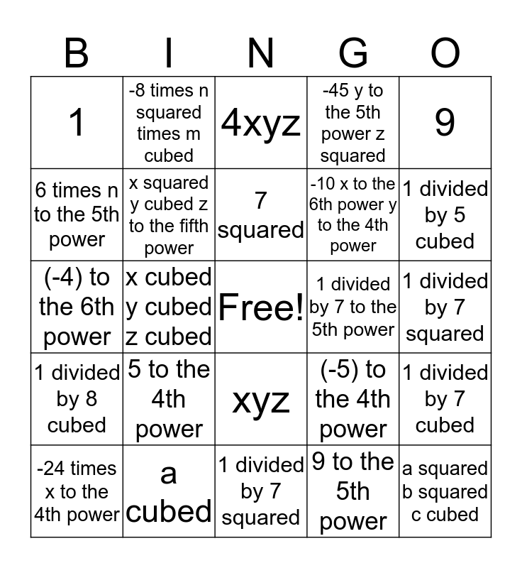 Laws Of Exponents Bingo Card