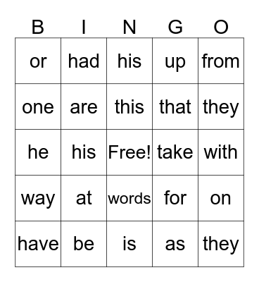 Sight Words Bingo Card